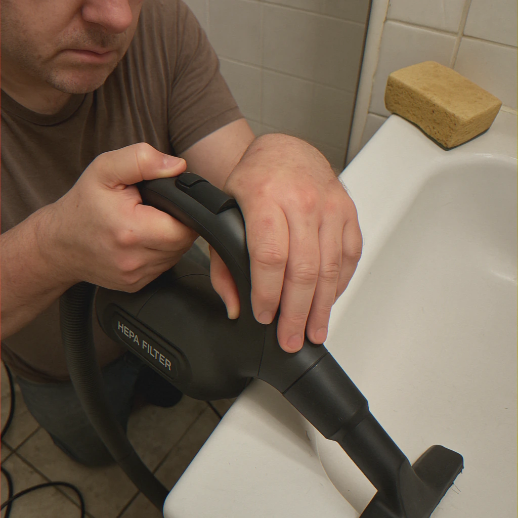 Hands using HEPA vacuum on tile