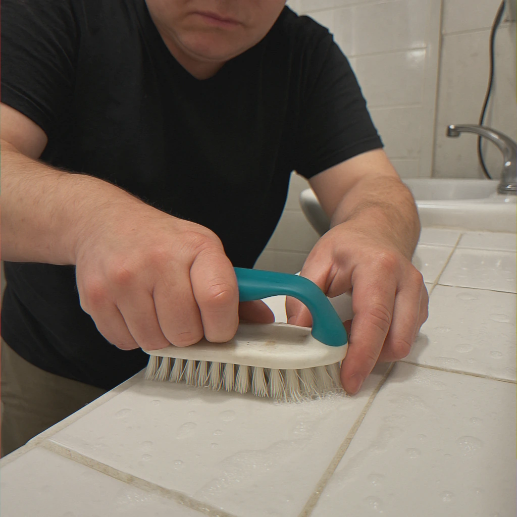 Hands scrubbing grout in a bathroom