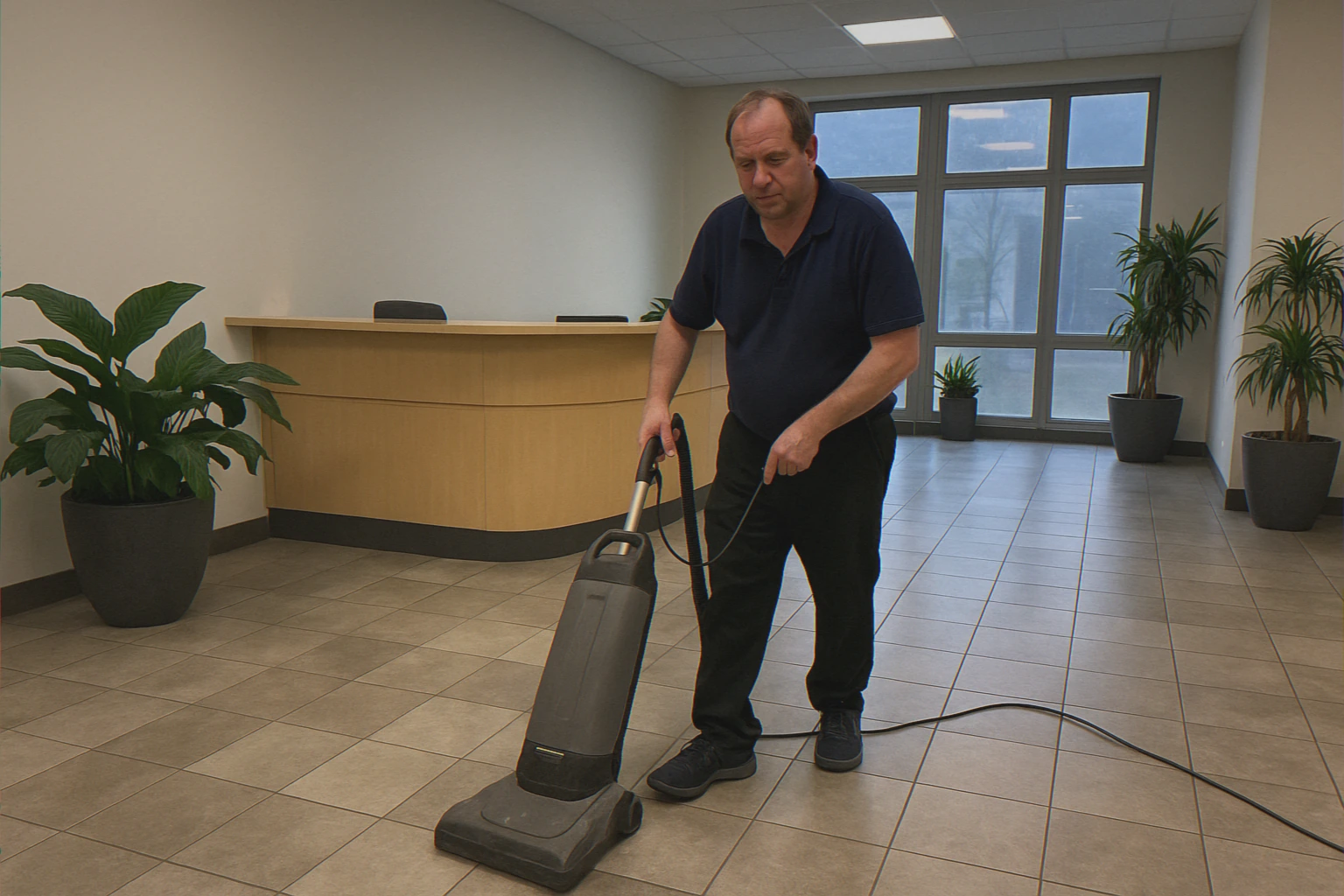 Maid vacuuming a lobby floor