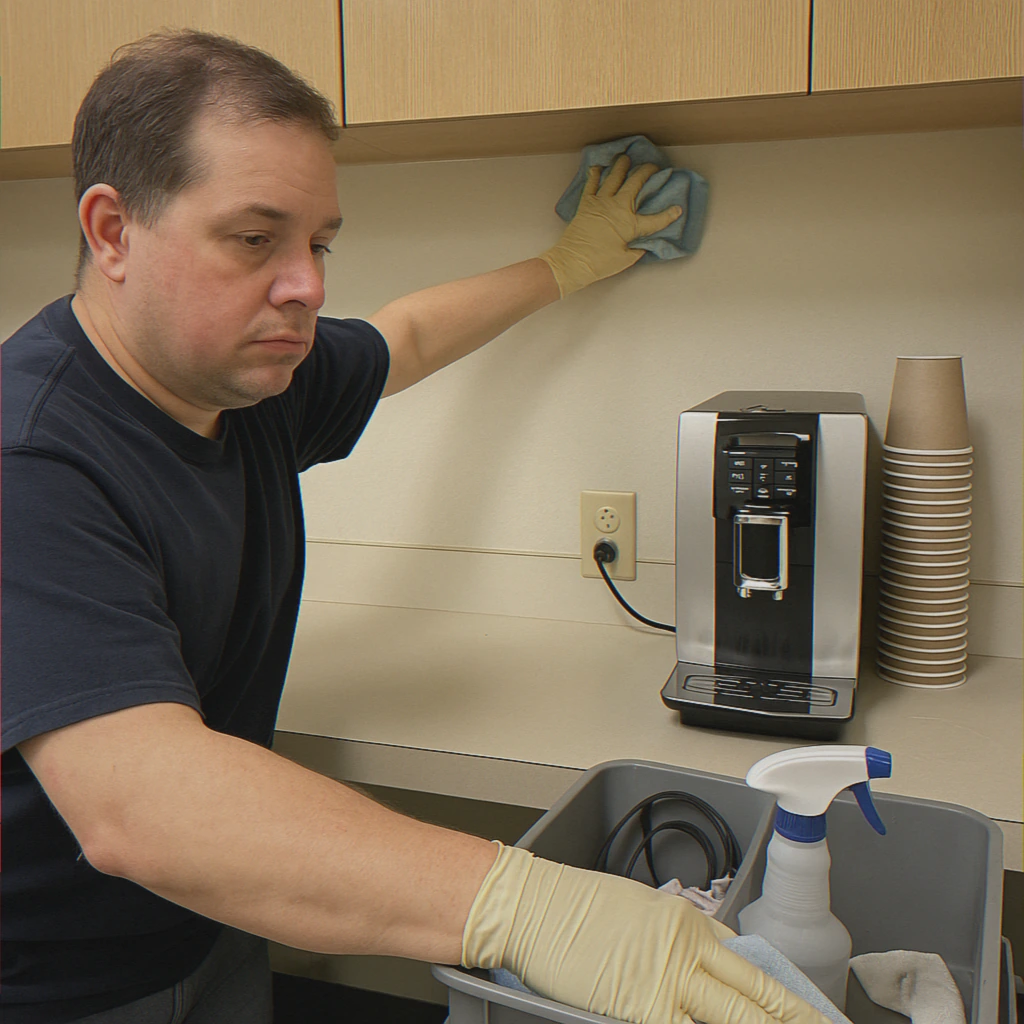 Mid-task cleaning in break room kitchen