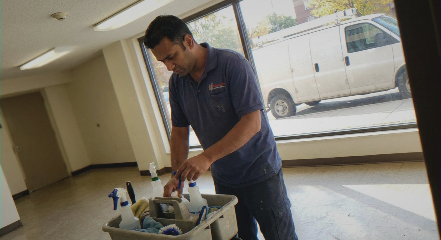 Cleaner adjusting supply caddy in lobby