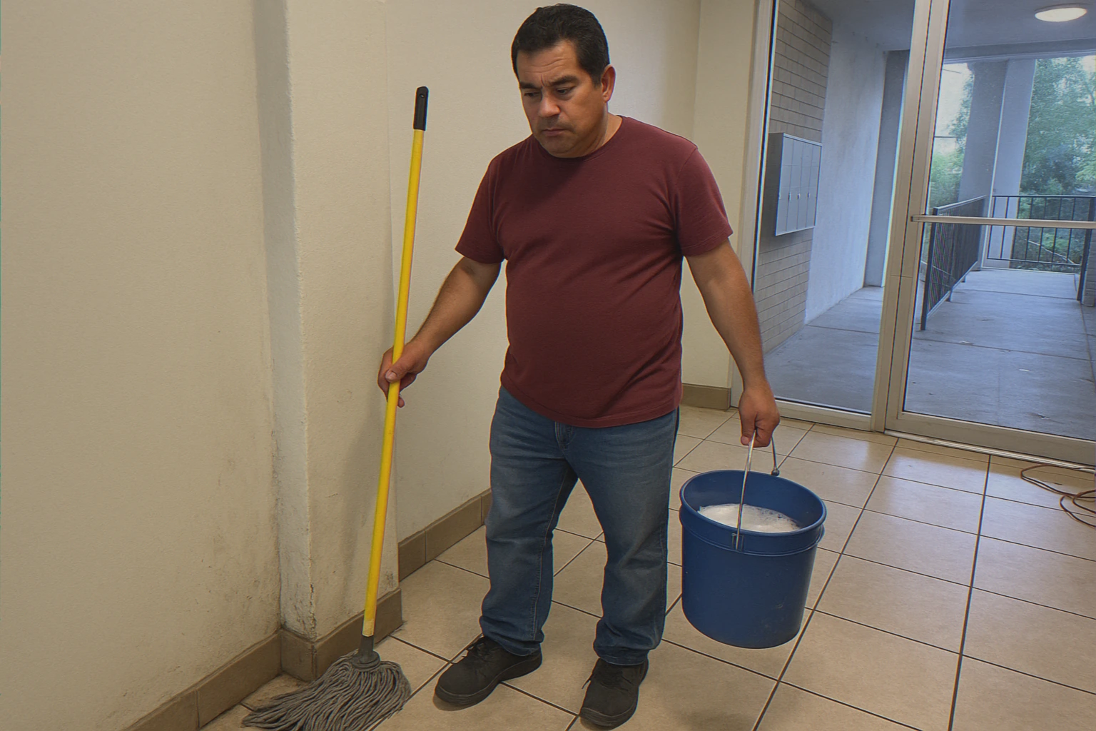Cleaner mopping the lobby floor