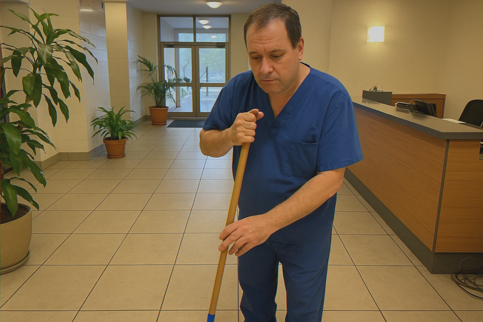 Cleaner sweeping lobby floor with broom