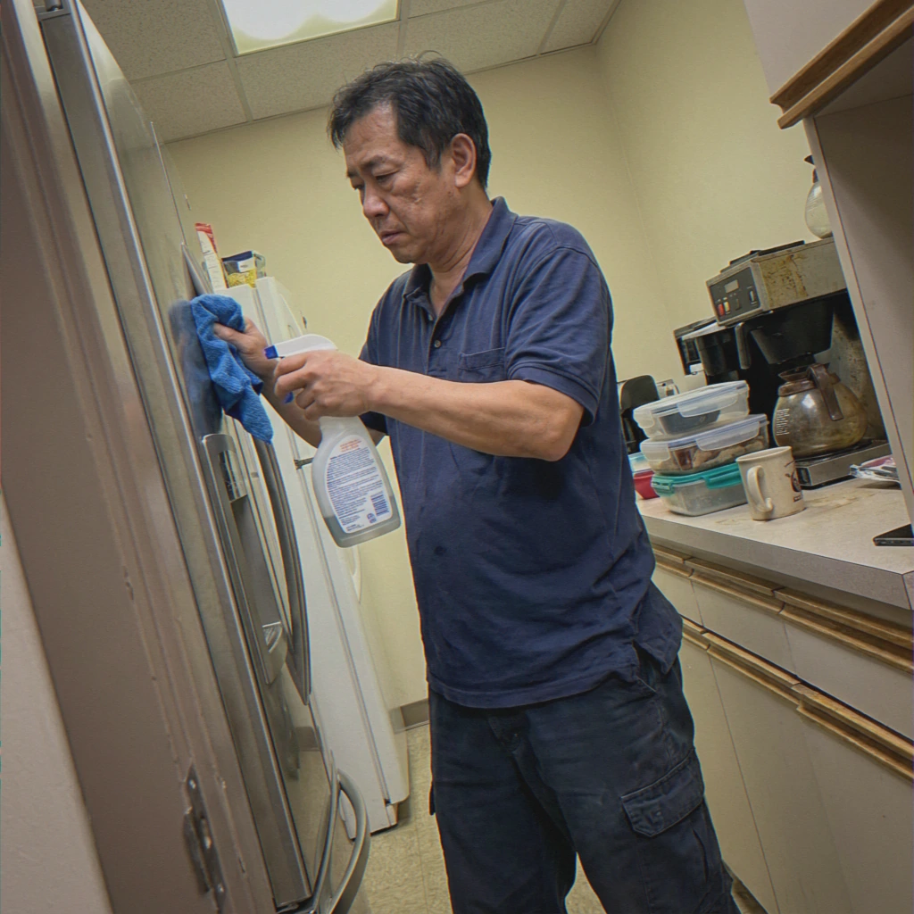 Cleaner using microfiber cloth in kitchen