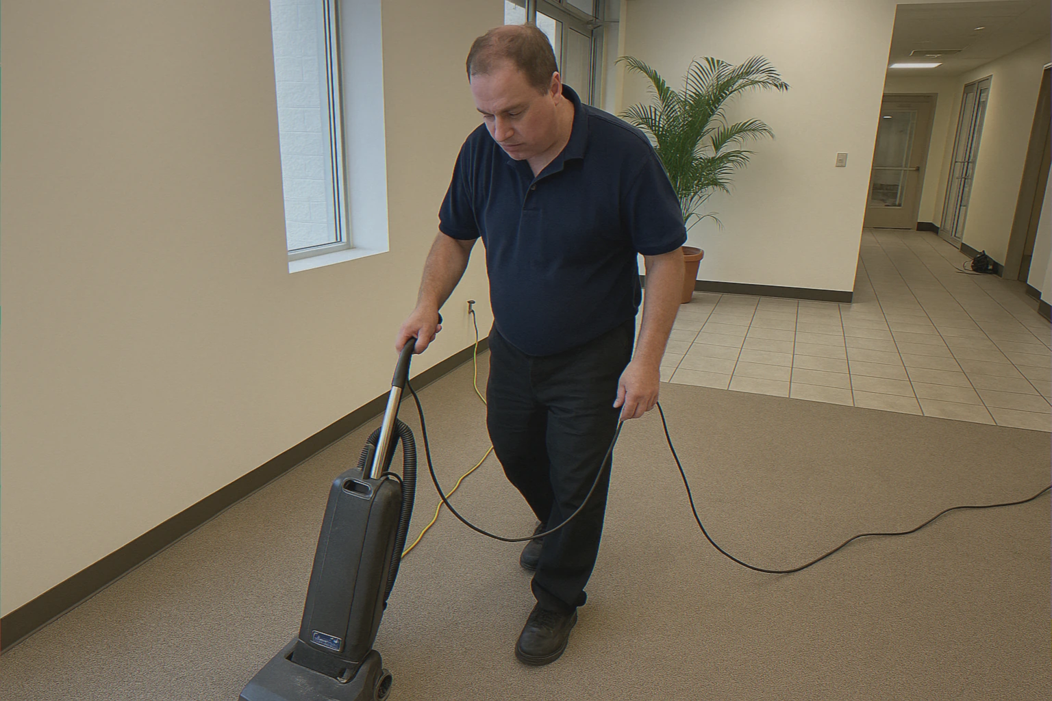 Cleaner vacuuming carpet in building lobby