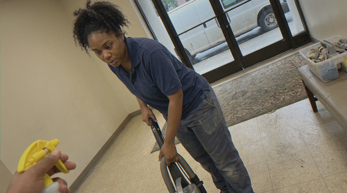Cleaner vacuuming lobby area floor