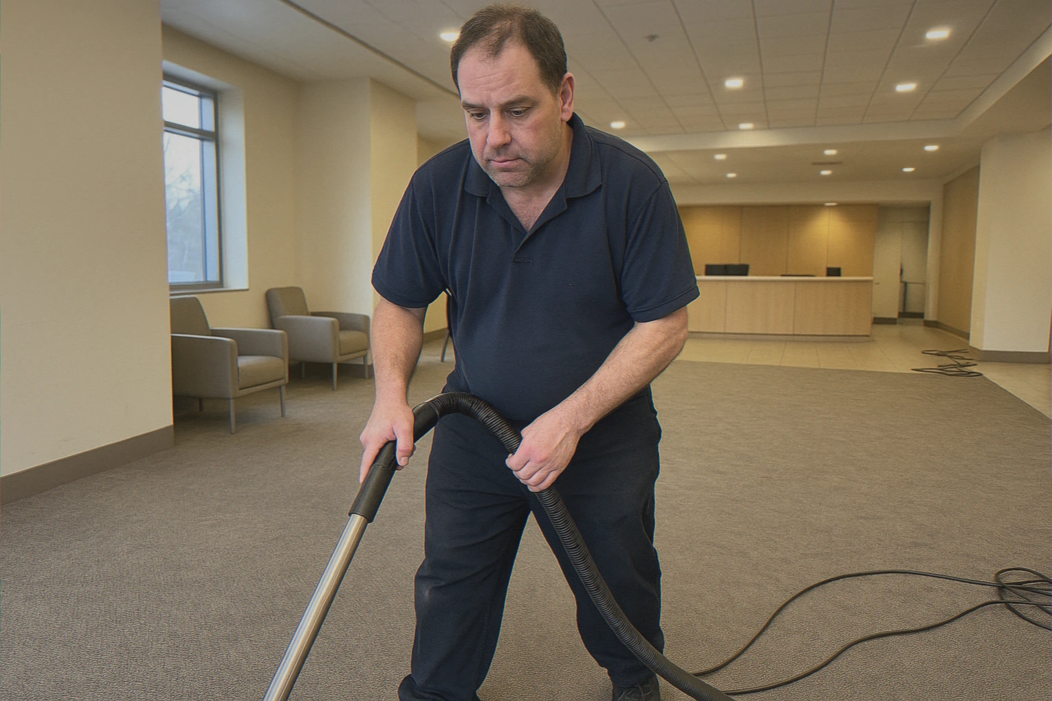 Cleaner vacuuming lobby carpet at VVMaids