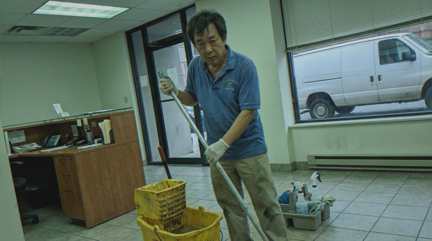 East Asian cleaner mopping lobby floor