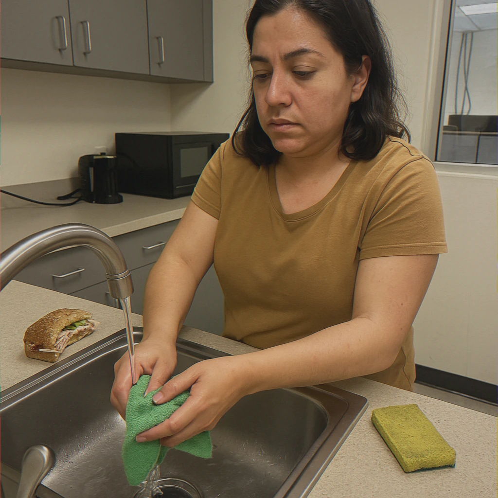 Employee cleaning office kitchen sink