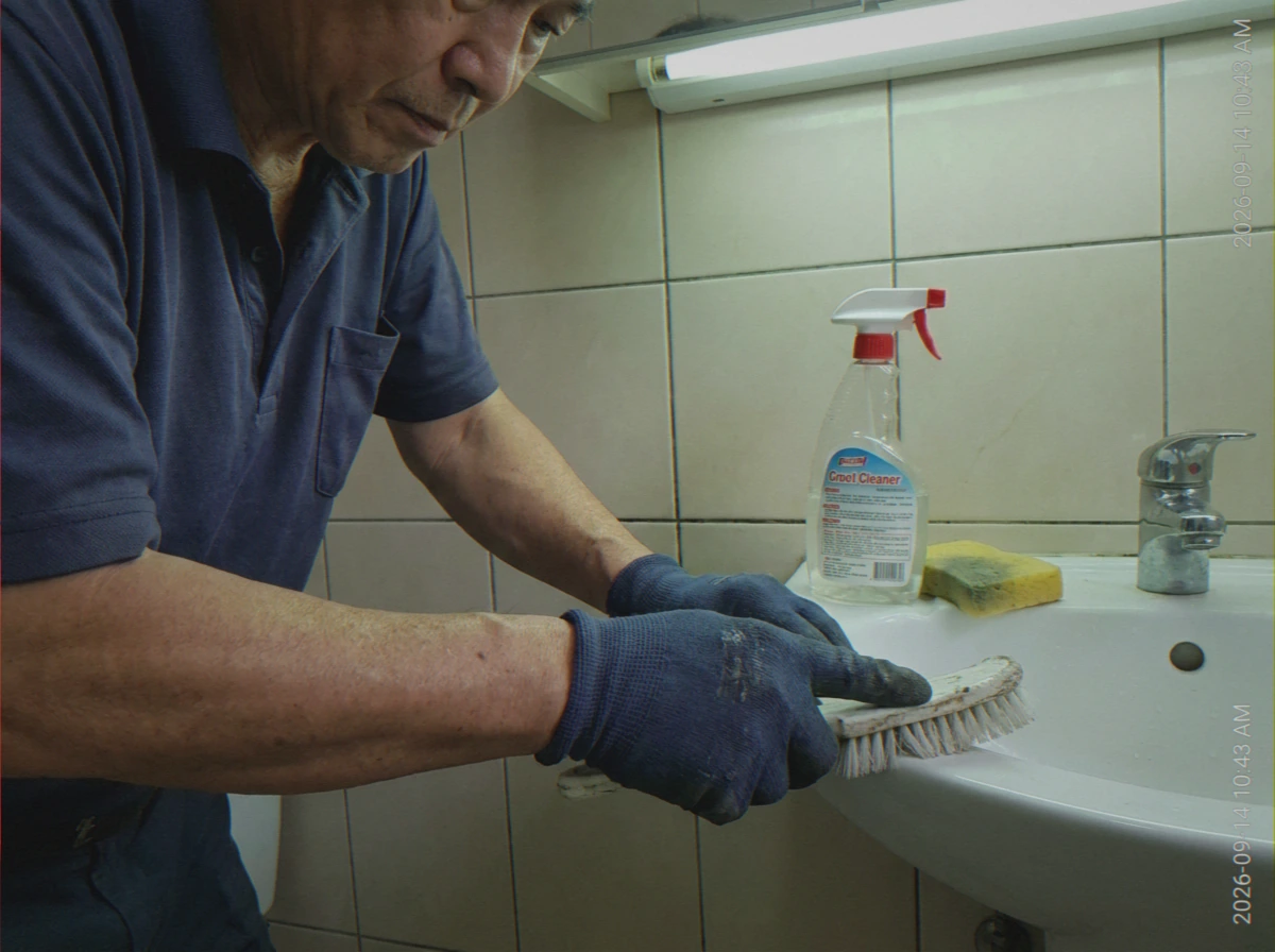 Hands cleaning tile grout in bathroom