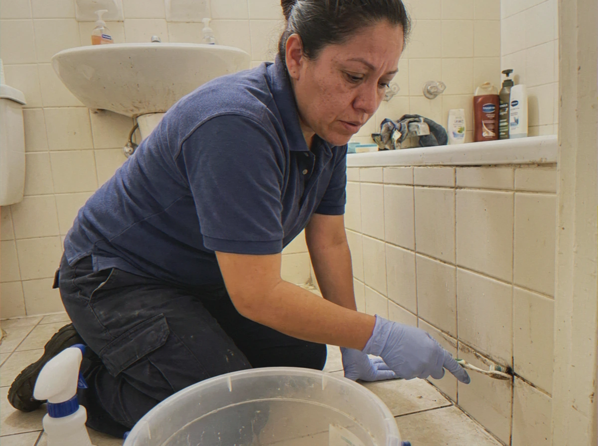 Hands scrubbing bathroom tile grout