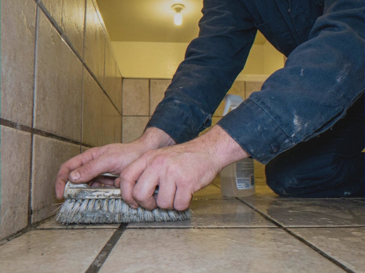 Hands using tile cleaning brush