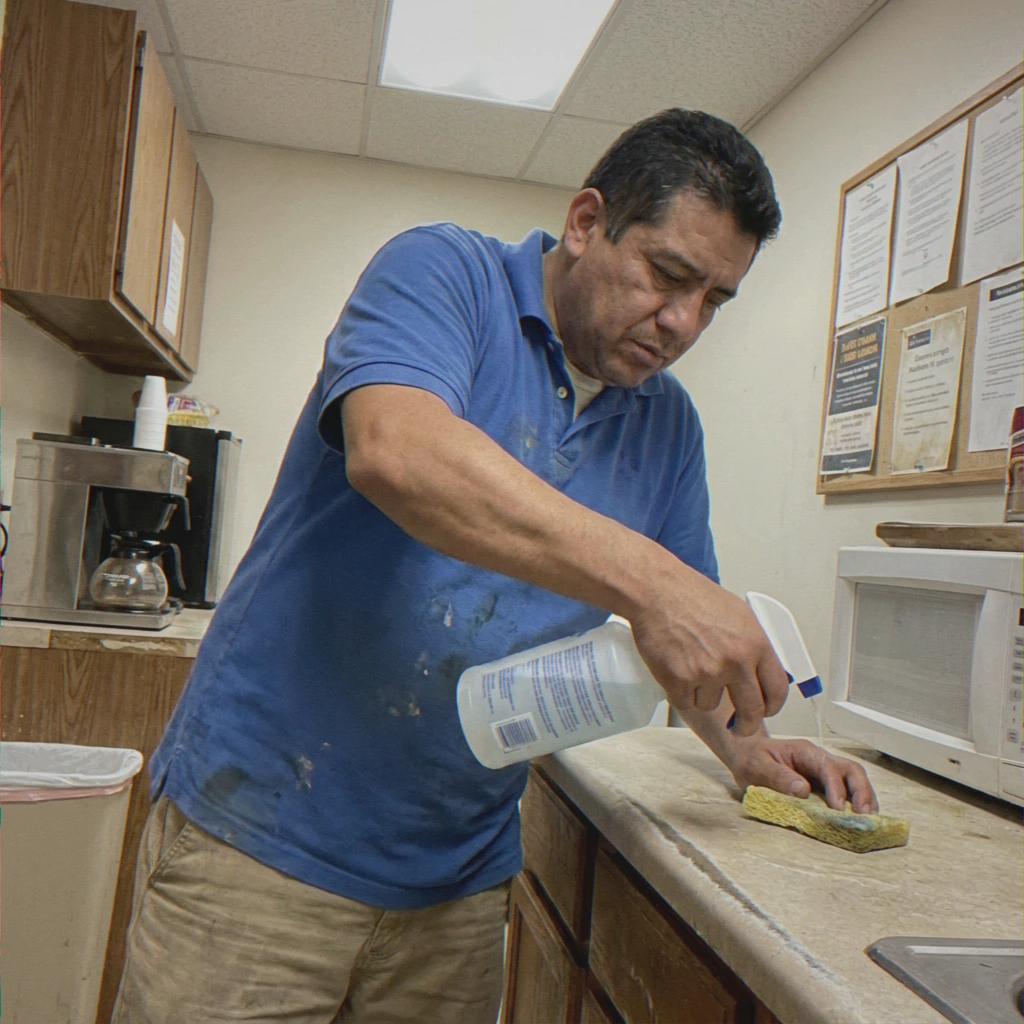 Latino worker cleaning break room counter