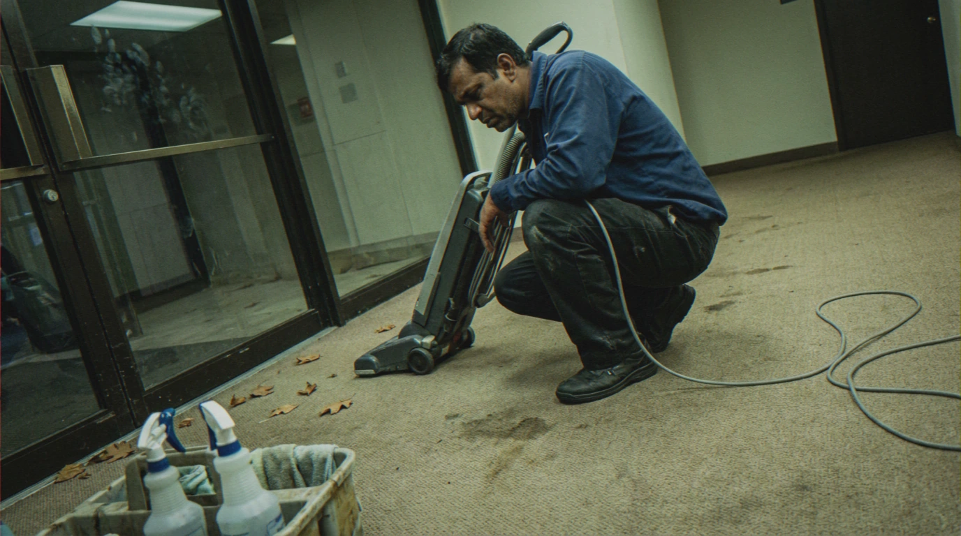 South Asian man vacuuming lobby carpet