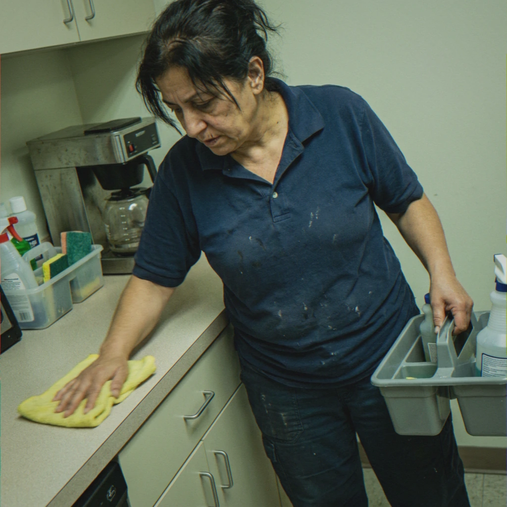 Wiping down office kitchen countertop